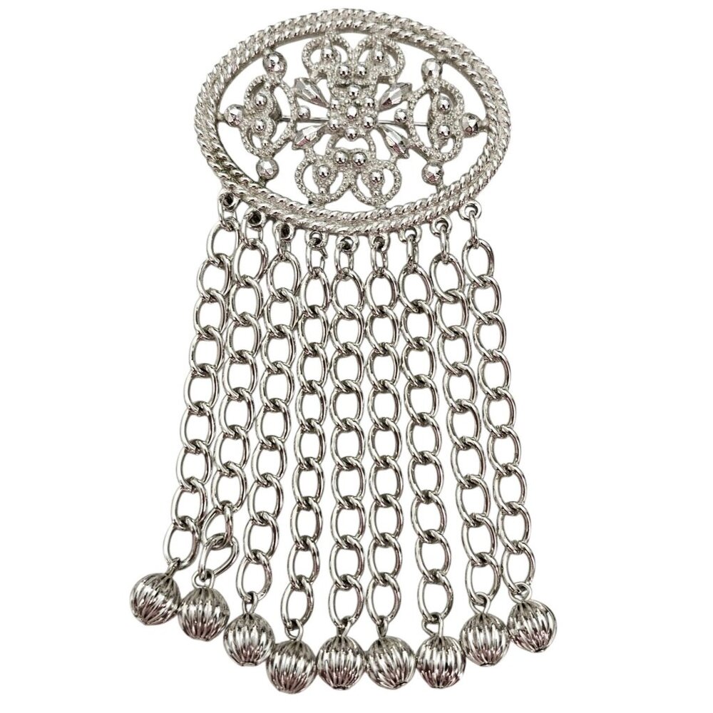 Sarah Coventry Silver Tone Oval Scroll Chain Waterfall Brooch Book Piece, Signed